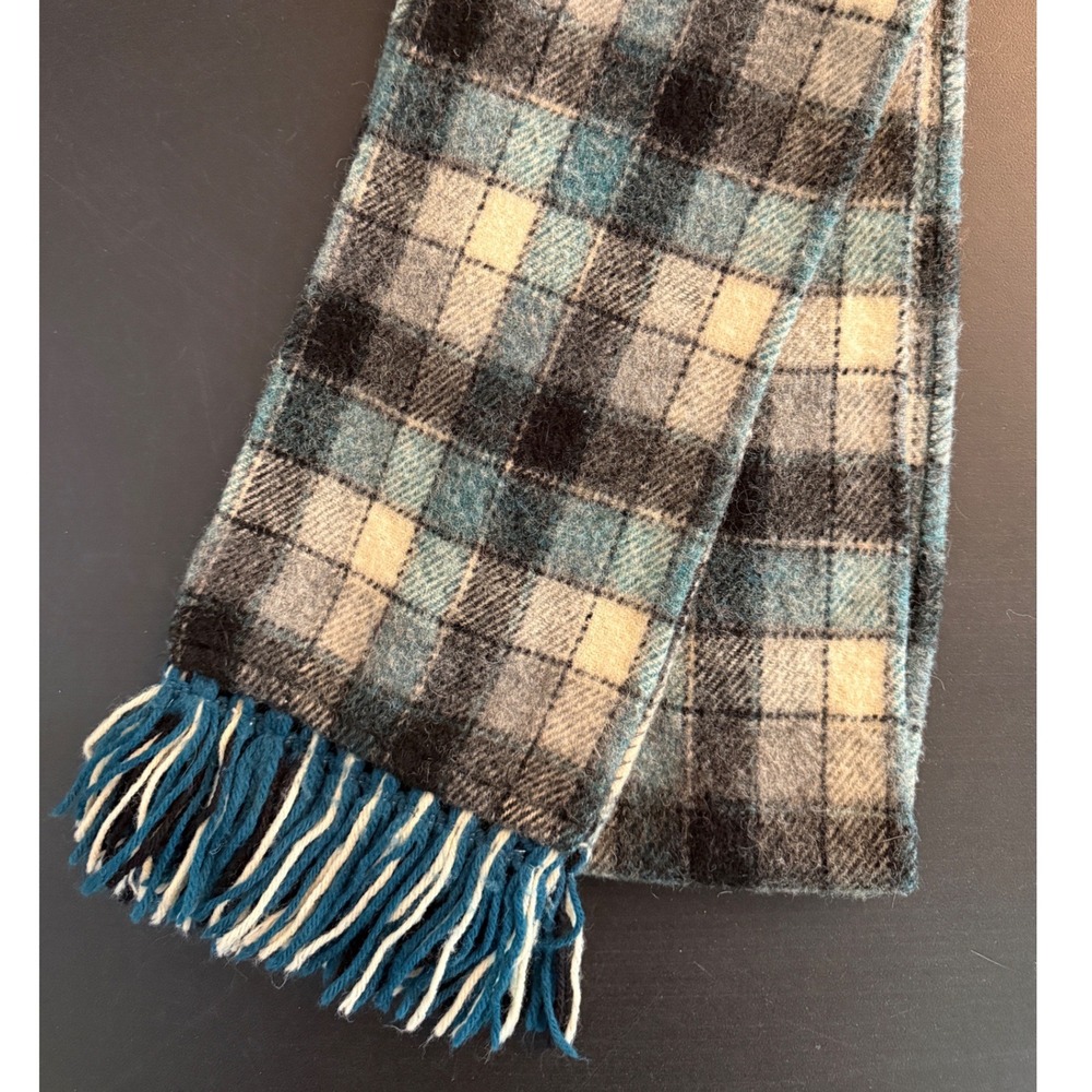 Vintage Plaid Fringe Scarf Blue Gray Cream Wool Blend Winter Accessory